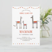 Cute Llama Fun First Birthday Invitation Kaart (Staand voorkant)
