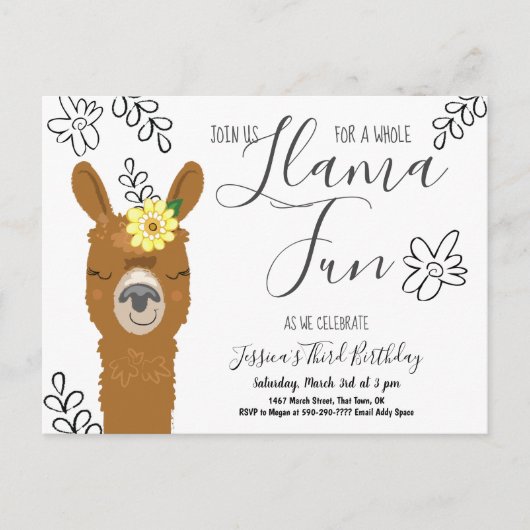 Cute Llama Fun Girls Birthday Party Invitation (Devant)