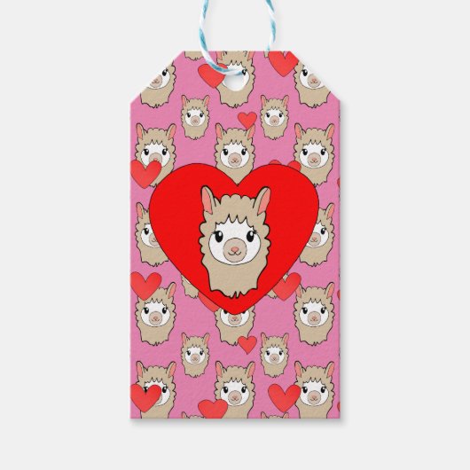 Cute Llama Head en Red Hearts Pink Background Cadeaulabel (Voorkant)
