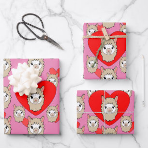 Cute Llama Head en Red Hearts Pink Background Inpakpapier Vel