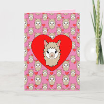 Cute Llama Head en Red Hearts Pink Background