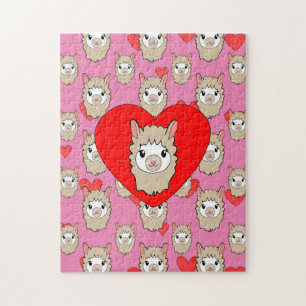 Cute Llama Head en Red Hearts Pink Background Legpuzzel