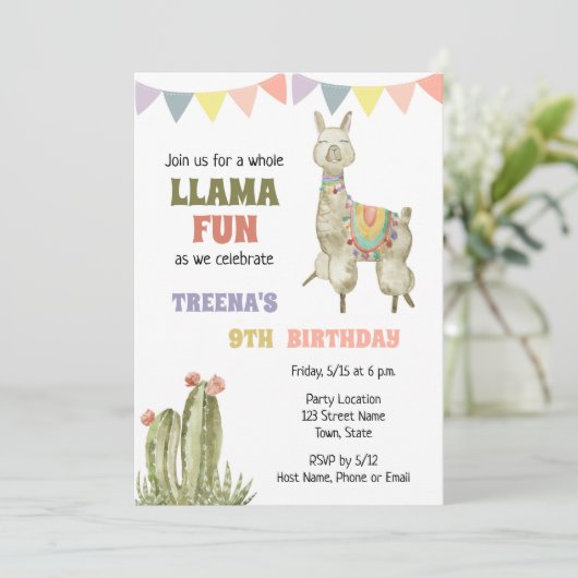 Cute Llama Invitation Anniversaire (Debout devant)