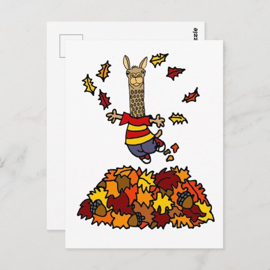 Cute Llama Jumping in Leaf Pile Cartoon Briefkaart (Voorkant / Achterkant)