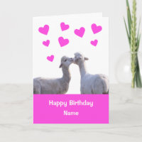 Cute Llama Kiss Pink Hearts Happy Birthday Kaart