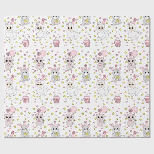 Cute Llama, Kitten en Mouse Cupcake Pink Girl's Cadeaupapier (Vlak)