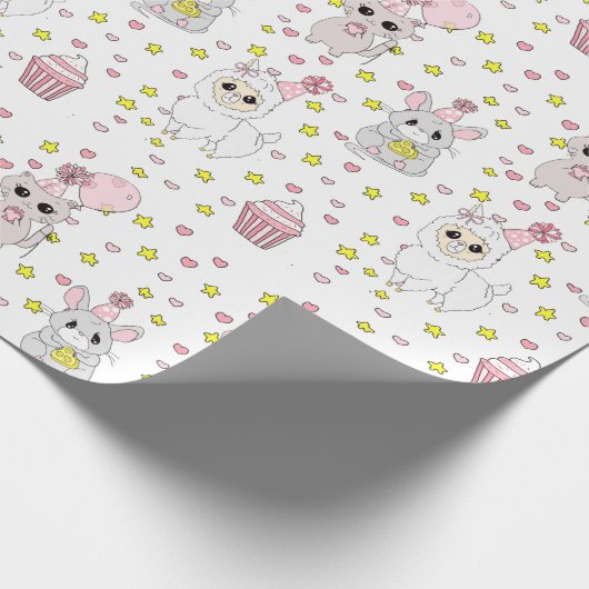 Cute Llama, Kitten en Mouse Cupcake Pink Girl's Cadeaupapier (Hoek)