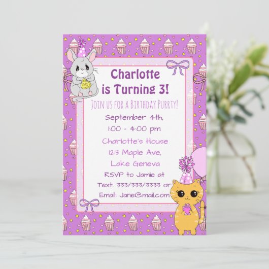 Cute Llama, Kitten en Mouse Paarse verjaardag Kaart (Staand voorkant)