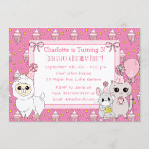 Cute Llama, Kitten en Mouse Pink Girl's Birthday Kaart
