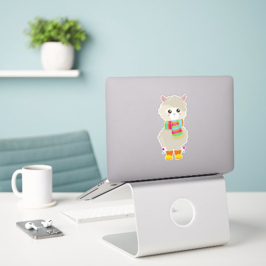 Cute Llama, Little Llama, Alpaca, Llama met Scarf Sticker (Laptop op bureau)
