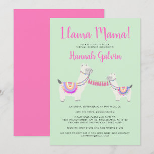 Cute Llama Mama Hot Pink Green Baby Virtual Shower Kaart