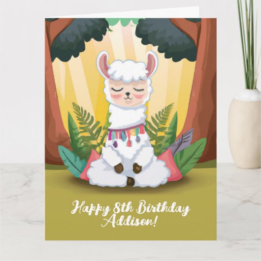 Cute Llama Meditating in Magical Forest Birthday Kaart (Voorkant)