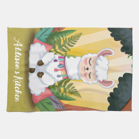 Cute Llama Meditating in Magical Forest Theedoek (Horizontaal)