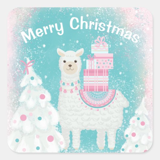 Cute Llama met kerstcadeaus Vierkante Sticker (Voorkant)