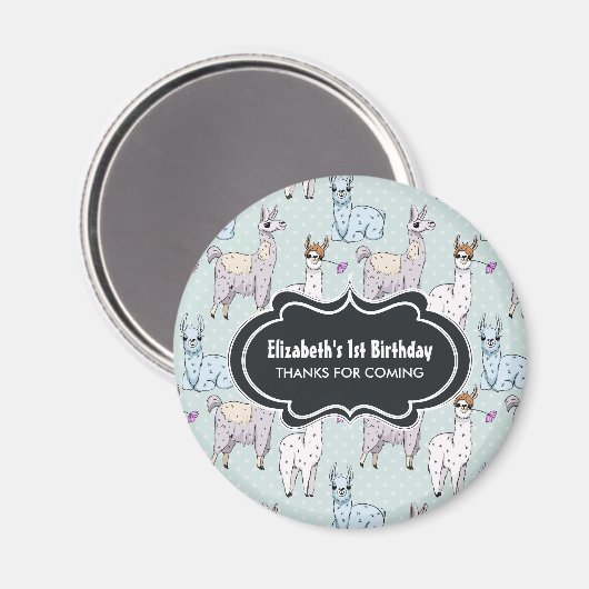 Cute Llama Pattern on Polka Dots Birthday Magneet (Voorkant / Achterkant)