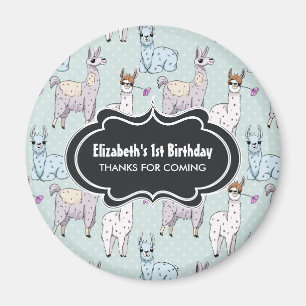Cute Llama Pattern on Polka Dots Birthday Magneet