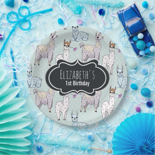 Cute Llama Pattern on Polka Dots Birthday Papieren Bordje (Feest)
