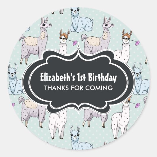 Cute Llama Pattern on Polka Dots Birthday Ronde Sticker (Voorkant)