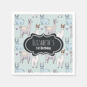 Cute Llama Pattern on Polka Dots Birthday Servet