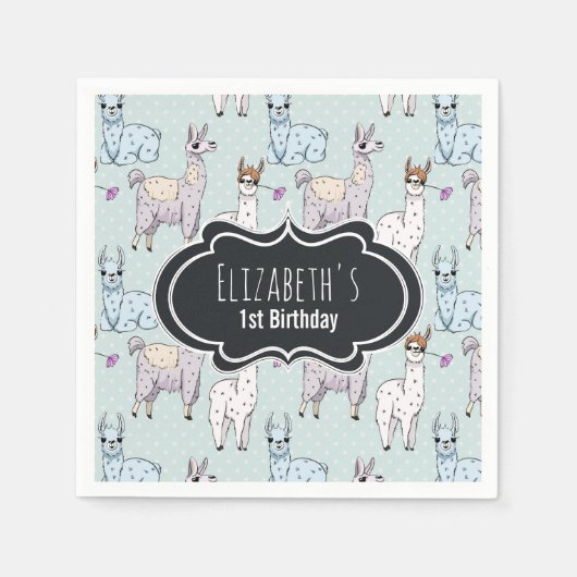 Cute Llama Pattern on Polka Dots Birthday Servet (Voorkant)
