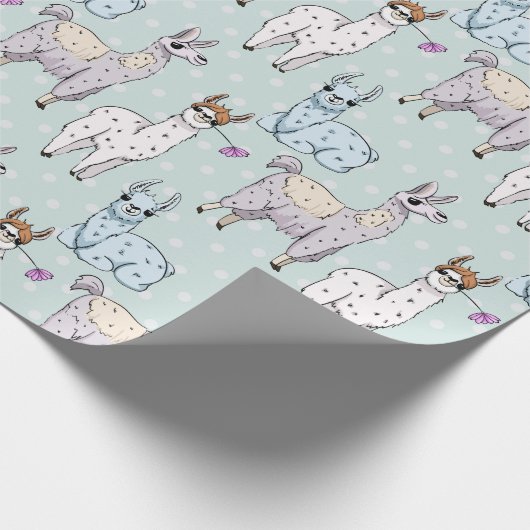 Cute Llama Pattern on Polka Dots Cadeaupapier (Hoek)
