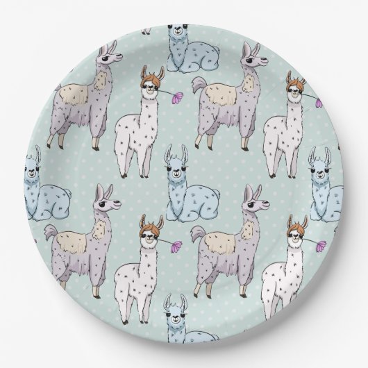 Cute Llama Pattern on Polka Dots Papieren Bordje (Voorkant)
