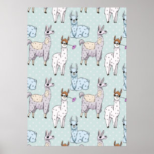 Cute Llama Pattern on Polka Dots Poster