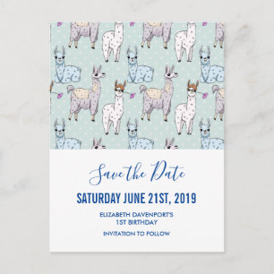 Cute Llama Pattern on Polka Dots Save the Date Briefkaart