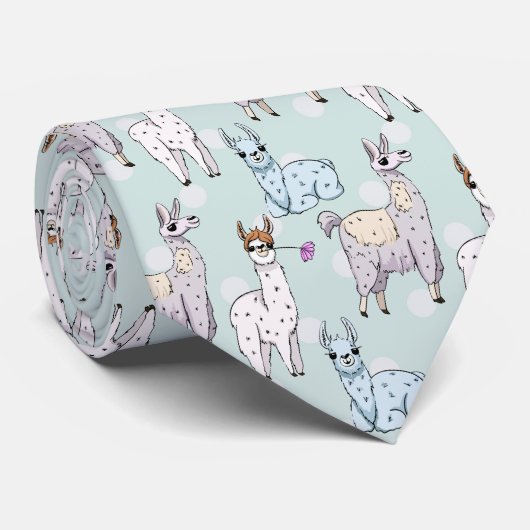 Cute Llama Pattern on Polka Dots Stropdas (Opgerold)