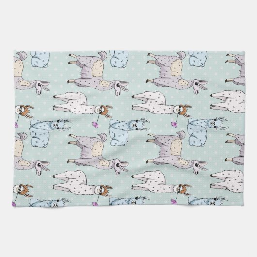 Cute Llama Pattern on Polka Dots Theedoek (Horizontaal)