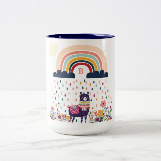 Cute Llama Rainbow Initiaal Monogram Tweekleurige Koffiemok (Center)