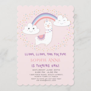 Cute Llama Rainbow Stars Blush First Birthday Kaart