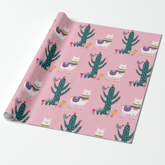 Cute Llama-vogel en cactus Cadeaupapier (Uitgerold)