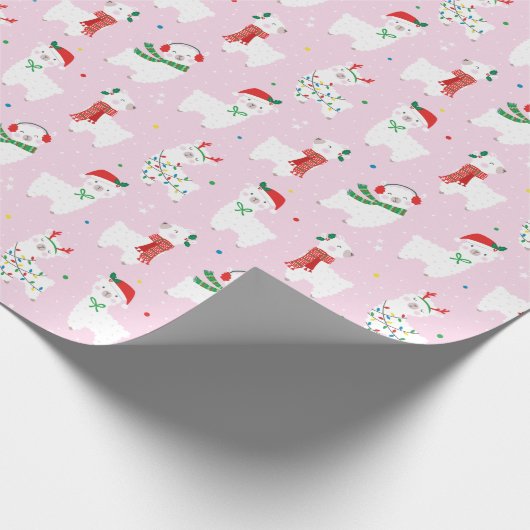 Cute Llamas klaar voor kerstmis op lichtroze Cadeaupapier (Hoek)