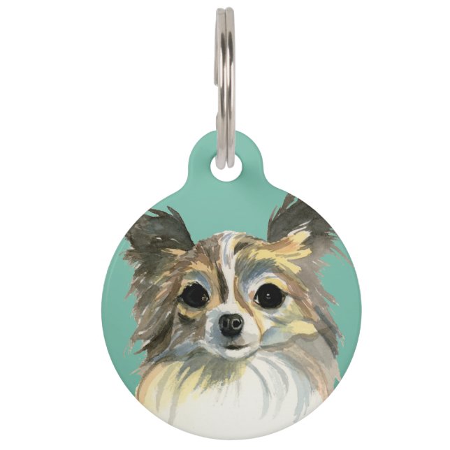 Cute Long Hair Chihuahua Dog Waterverf Portret Huisdierpenning (Voorkant)