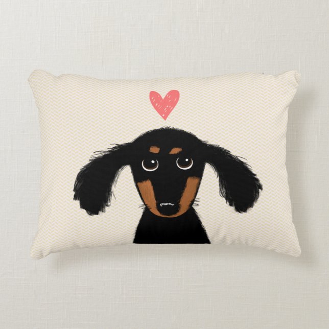 Cute Longhaire Dachshund Puppy Dog met hart Decoratief Kussen (Voorkant)