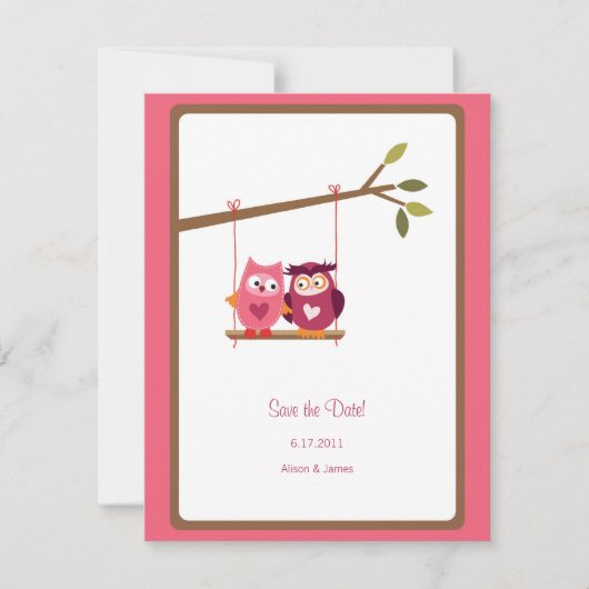 Cute Love Bird Owls Save the Date Annouting (Voorkant)
