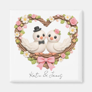 Cute Love Birds in Heart-Shaped Floral Wreath Magneet