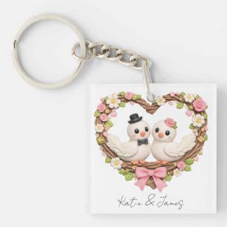 Cute Love Birds in Heart-Shaped Floral Wreath Sleutelhanger