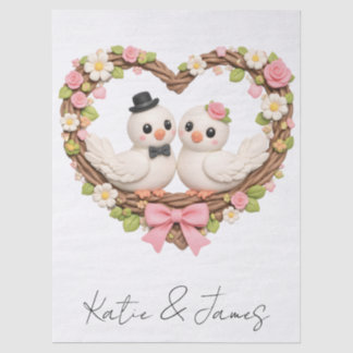 Cute Love Birds in Heart-Shaped Floral Wreath Tissuepapier