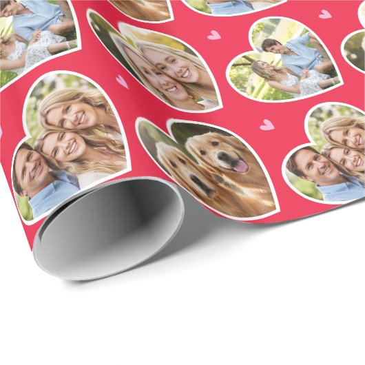 Cute Love Heart 4 Photo Elegant Red Pink Pattern Cadeaupapier (Rol Hoek)