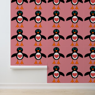 Cute Love Heart Penguin Patterned Behang