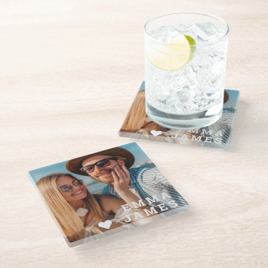Cute Love Heart Photo Couples Personalized Names Glazen Onderzetter (Schuin)