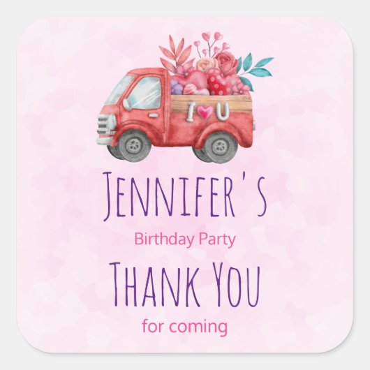 Cute Love Truck Carft Hearts & Flowers Party Vierkante Sticker (Voorkant)