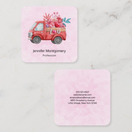 Cute Love Truck met Heart Cargo Waterverf Vierkante Visitekaartje (Voorkant / Achterkant)