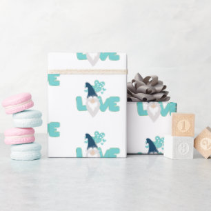 Cute love Valentijnsdag Gnome Blauwgroen Blue Whit Cadeaupapier