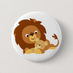 Cute Loving Cartoon Lion Dad en Cub Button Badge