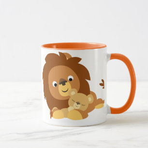 Cute Loving Cartoon Lion Dad en Cub Mok