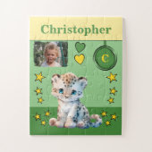 Cute luipaard foto naam groen geel kinderen legpuzzel (Verticaal)