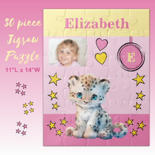 Cute luipaard foto naam roze geel kids legpuzzel